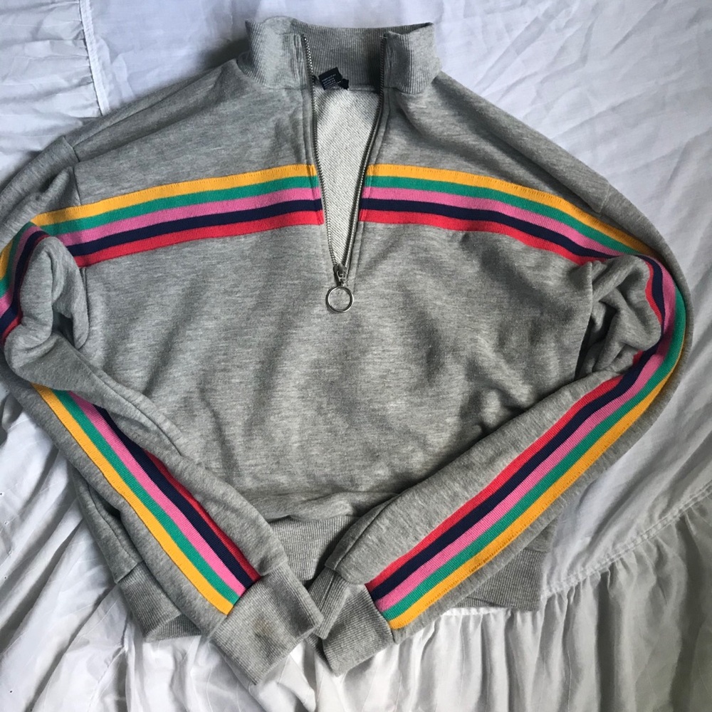 Grey and colorful striped cropped quarter zip